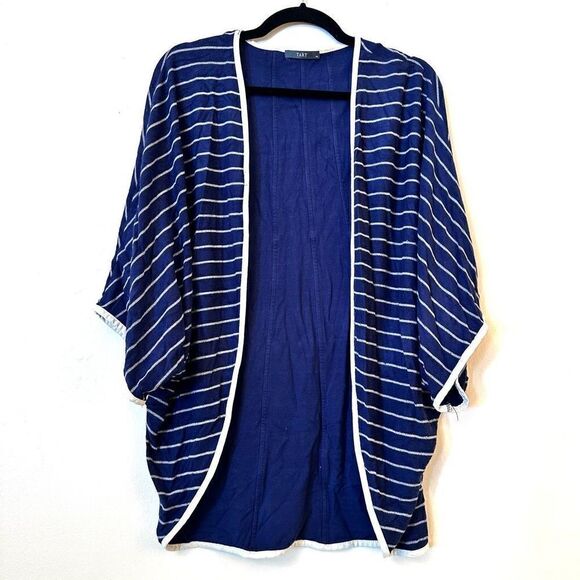 Tart Sweaters - Tart Striped Open Front Cocoon Style Viscose Blend Cardigan Blue White Medium
